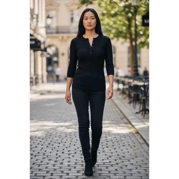 St. John Sweaters - St. John Womens Ribbed Henley Knit Top Black Elbow Sleeve XS Rayon